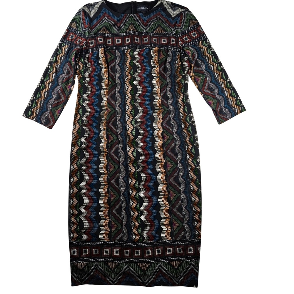 Liz Claiborne Womens Geometric Tribal Sheath Dress 3/4 Sleeve Multicolor Size 10